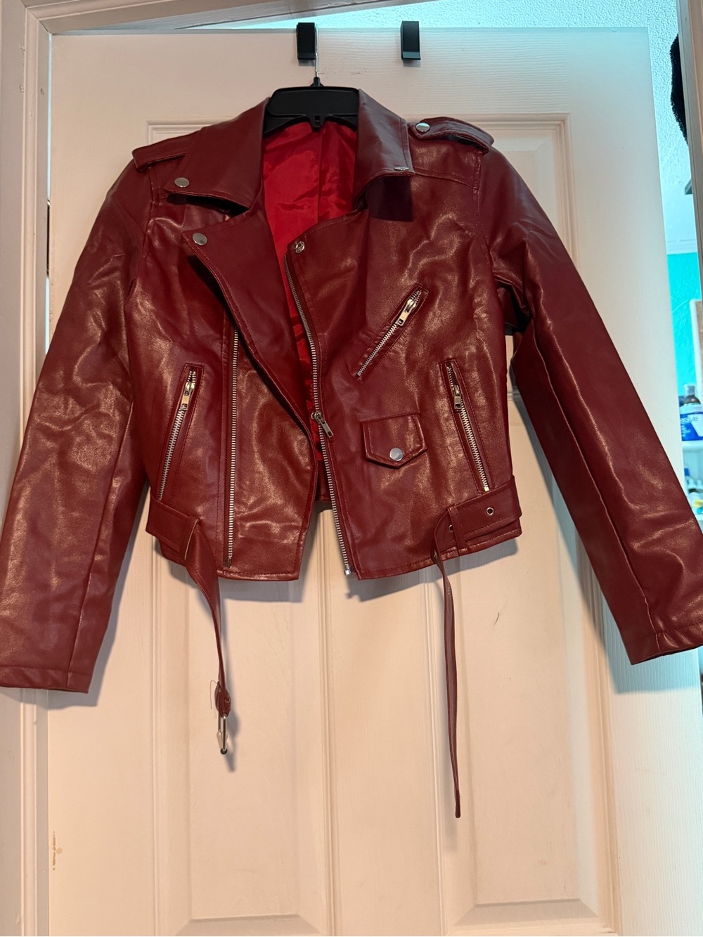 Women's Maroon Red Faux Leather Moto Jacket